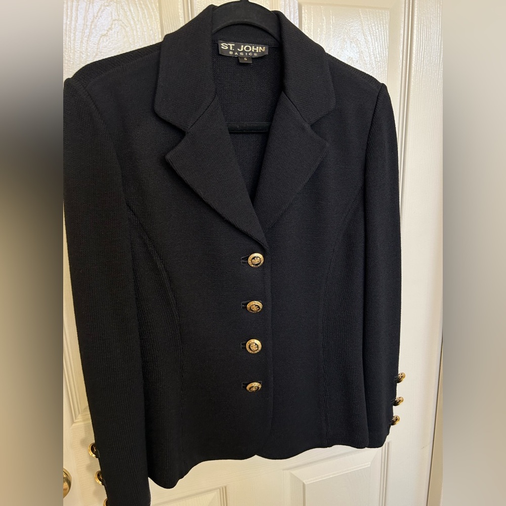 Beautiful St John Basics suit in black with gorgeous St John logo buttons.